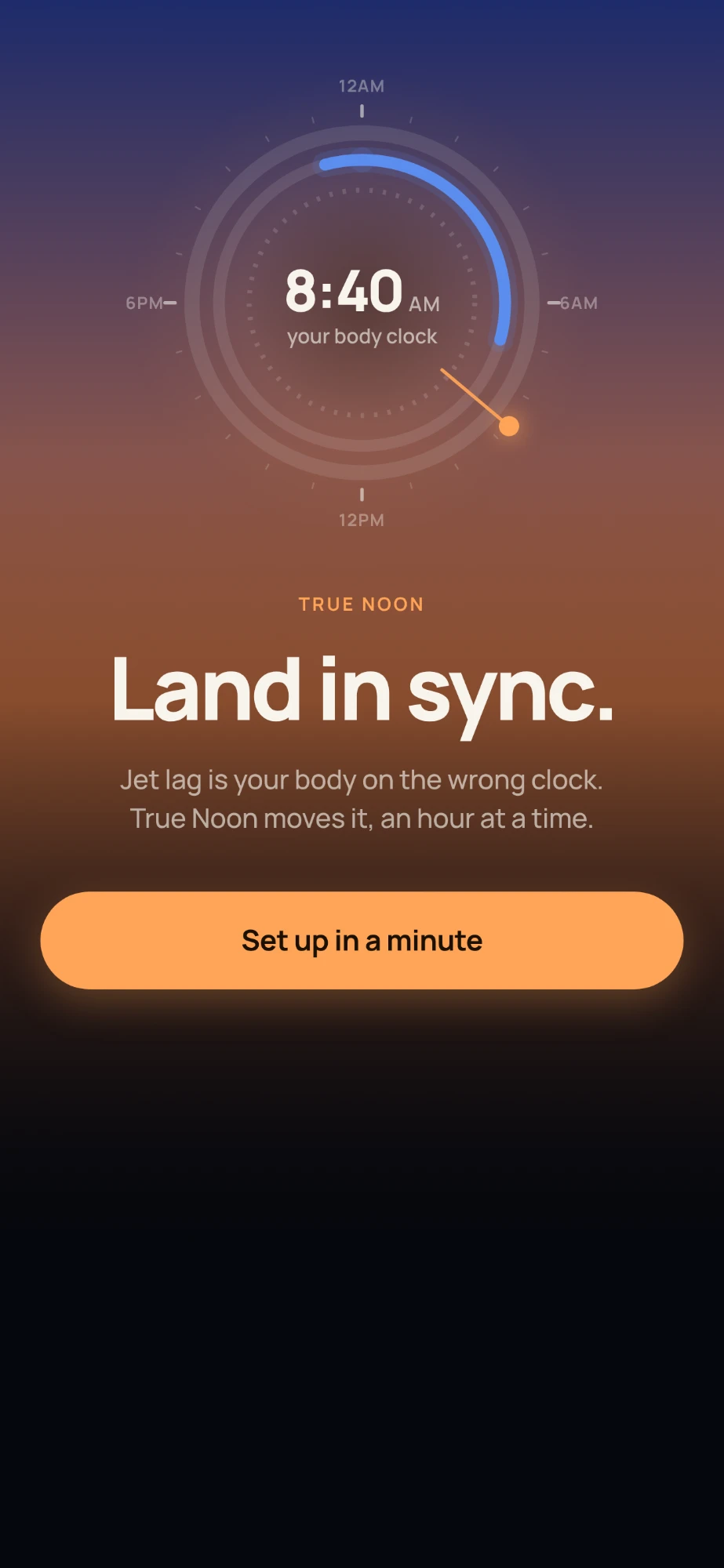 The welcome screen: the body-clock dial and Land in sync.