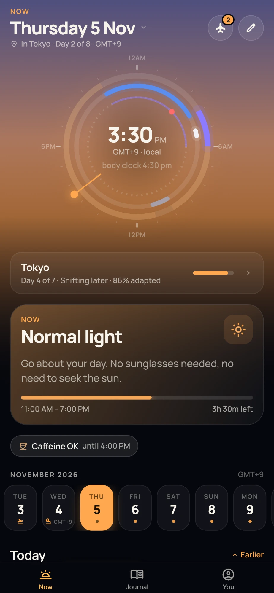 Now tab in the afternoon: a warm sky and a Normal light card