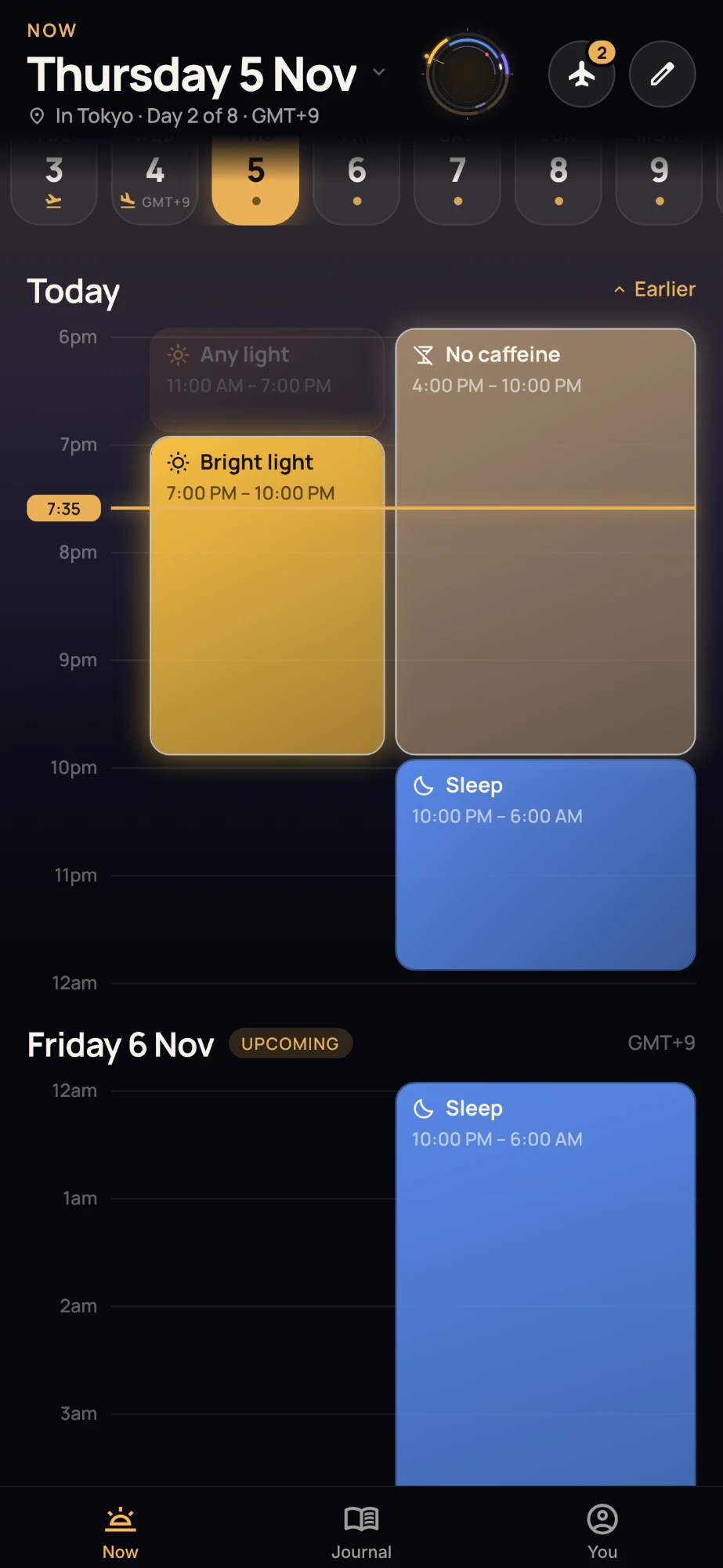 The timeline: Bright light, No caffeine and Sleep blocks against the hours of the day, with a line at the current time