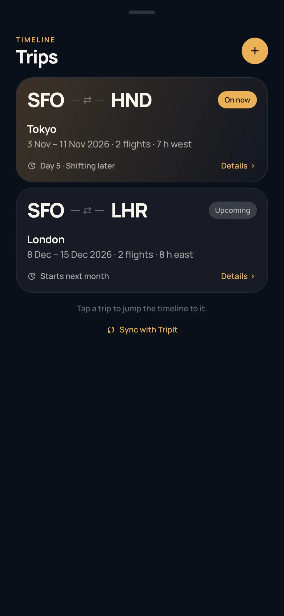 The Trips list: SFO to HND on now, SFO to LHR upcoming